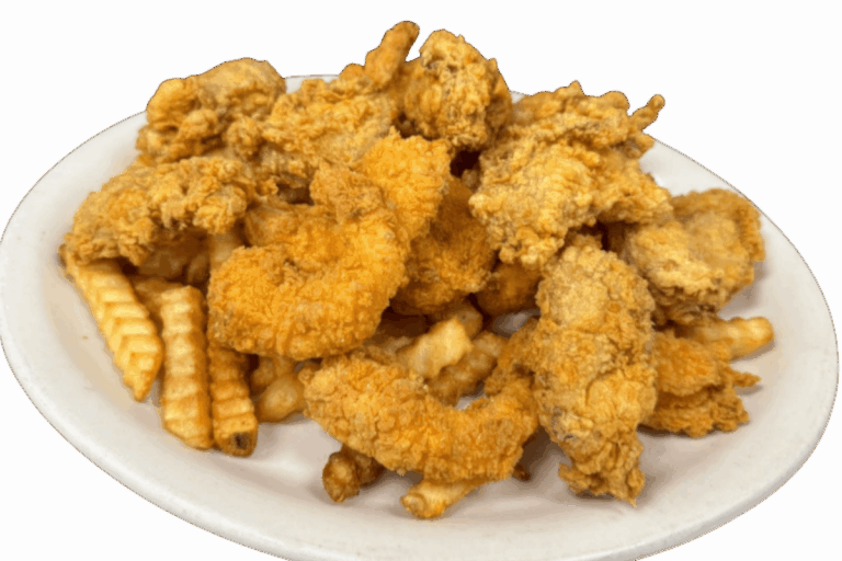 Crispy Shrimp and Seafood with Waffle Fries