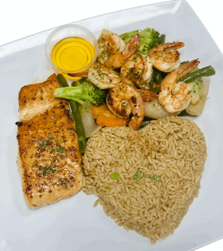 Grilled Salmon, Shrimps w/ Fried Rice